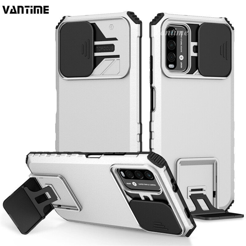Casing HP Xiaomi Redmi 9T Penutup Kamera Geser Penyangga Kickstand Tahan Guncangan Pelindung Belakan