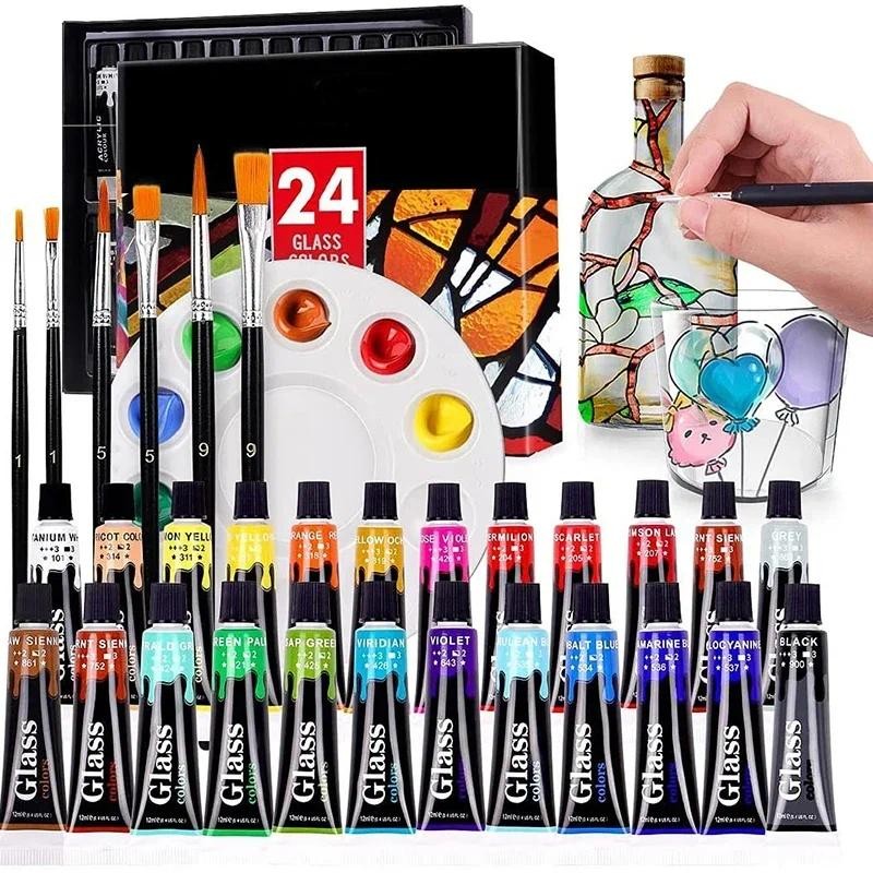 

12 24 Colors Stain Glass Paint Set with 6 Nylon Brushes, 1 Palette, Waterproof Acrylic Enamel Painting Kit for Art Supplies