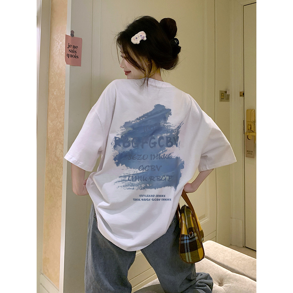 YIKOO - Korea Kaos Grafiti Biru Pattern Lengan Pendek Atasan Wanita