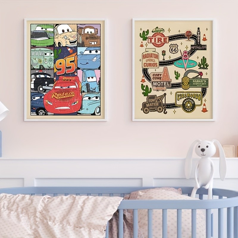 

Cars Characters Lightning McQueen Art Prints Cars Movie Poster Vintage Cars Canvas Painting Boys Room Wall Picture Nursery Decor