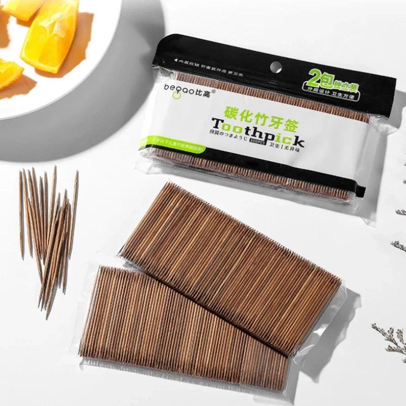 

600pcs Double-head Carbonized Bamboo Toothpicks Large-capacity Disposable Toothpicks Fruit Dish Fork Wooden Oral Cleaning Tool