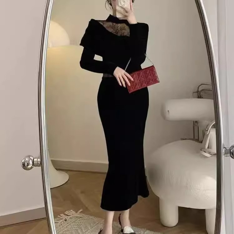 black midi dress formal elegant cocktail fitted dress party korean
