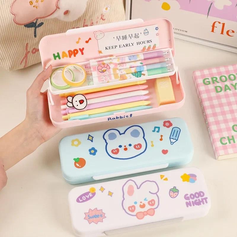 

1 Piece Korean Cute Cartoon Pencil Case Macaron Cream Color Double Layer Stationery Pencil Case for Student School Supplies