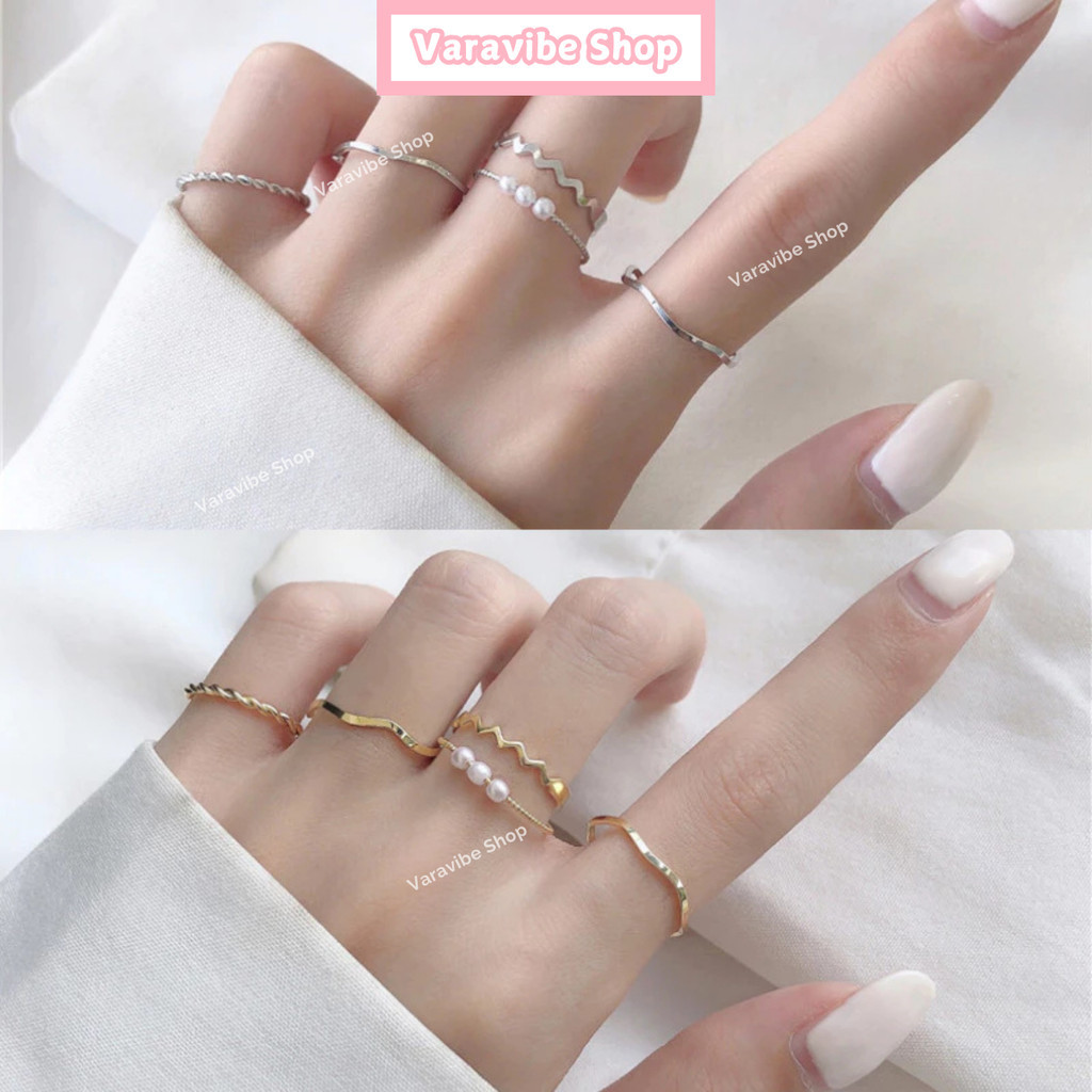 Varavibe Set 5 Pcs Cincin Titanium Wanita Fashion Cincin Mutiara Geometris Gaya Korea Cincin Fashion