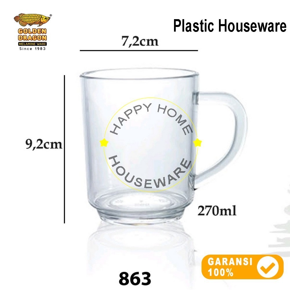 GOLDEN DRAGON 1pcs Gelas Plastik Kopi Gagang 270ml Mug Resto Mug Cafe 270ml Putih Bening
