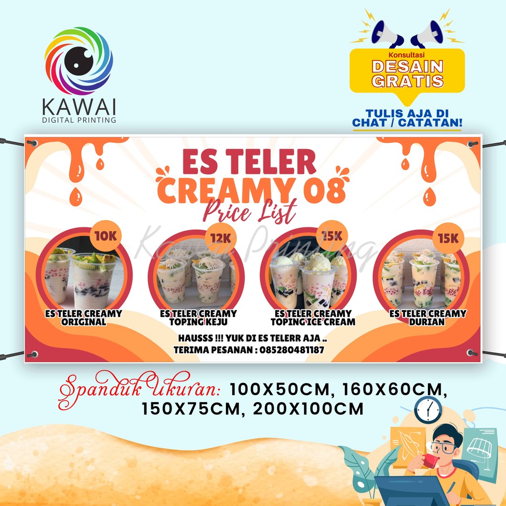 Spanduk Banner MMT Jualan Es Teller Creamy Oren Rekuest 200x100 Cm