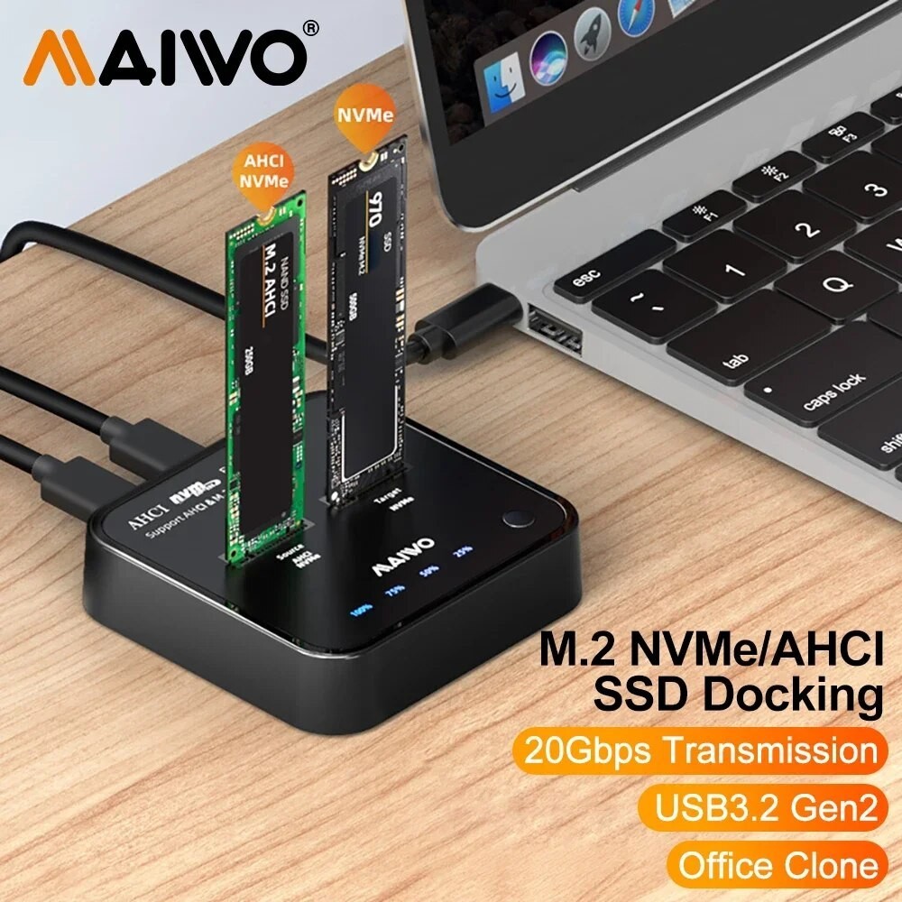 MAIWO Dual Bay M.2 NVMe Offline Clone Enclosure Adapter Mobile Case 20Gbps Gen2 USB3.1 Storage Box M
