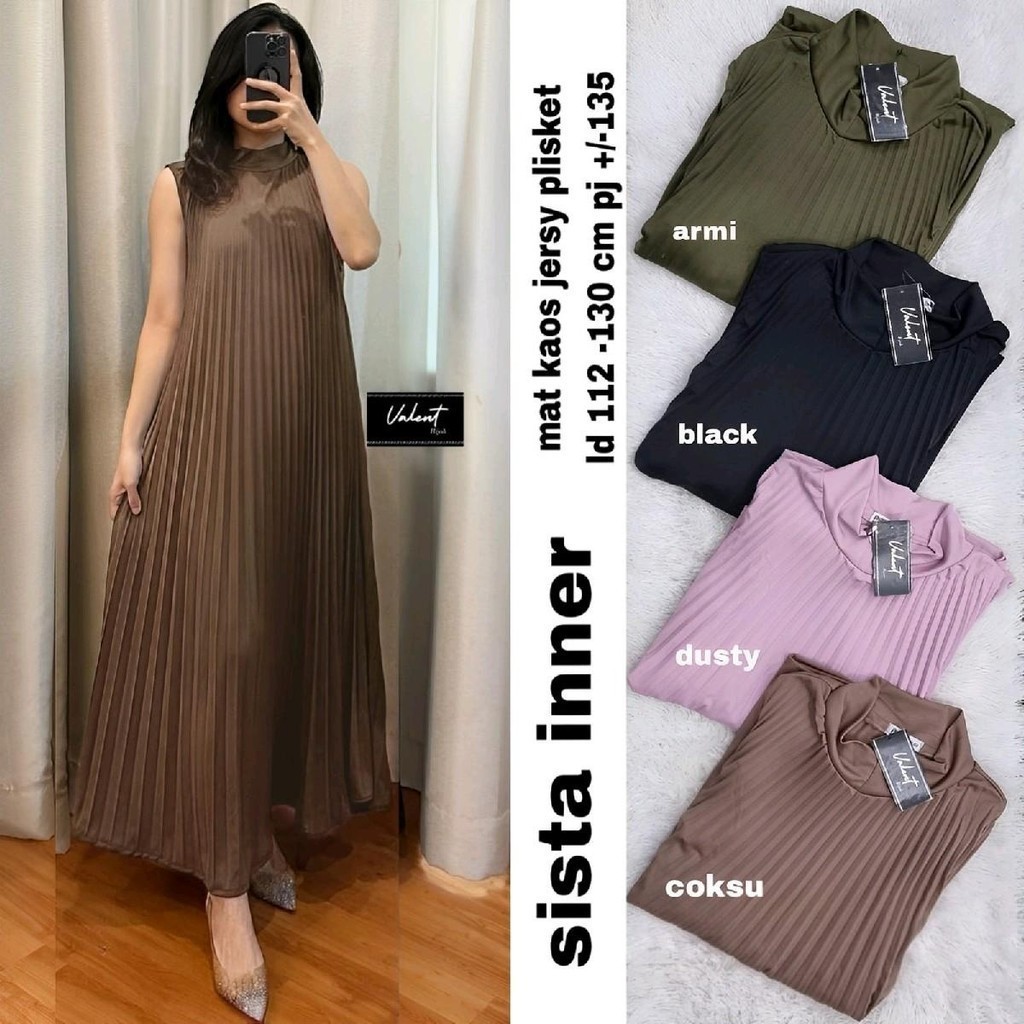 Sista Inner Dress Plisket Kutung Tanpa Lengan Polos Premium