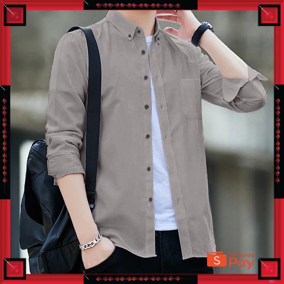 KAIN ADEM LEMBUT HALUS TEBAL / Baju Kemeja Pria Lengan Panjang Polos Abu-Abu Navy Hitam Maroon Putih