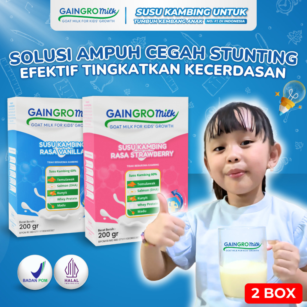 

PAKET 2 BOX SUSU STRAWBERRY & VANILLA Susu Kambing Untuk Perkembangan Anak - GainGro Milk Indonesia