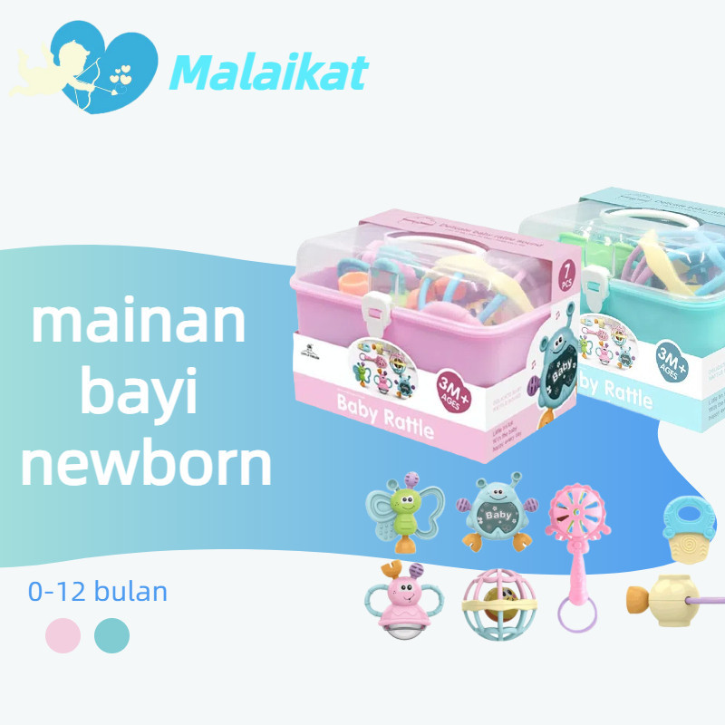 Kotak Penyimpanan Mainan Goyang Tangan Bayi 7 PCS 3-12 Bulan Set Bola Penggigit Edukatif Palu Pasir