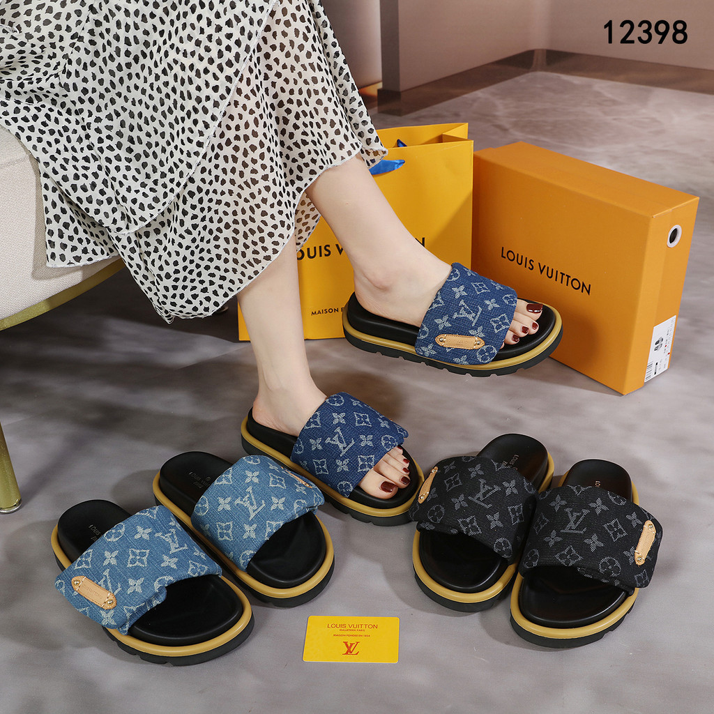 AN Sandal Wanita #12398 Pool Pillow Flat Comfort Mule Monogram Denim Slide Branded Import