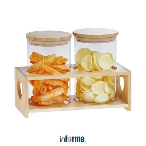 Informa 800 ml Set 2 Pcs Coco Stoples Kaca Dengan Nampan Jar Toples Kue Kering Perlengkapan Dapur Wa