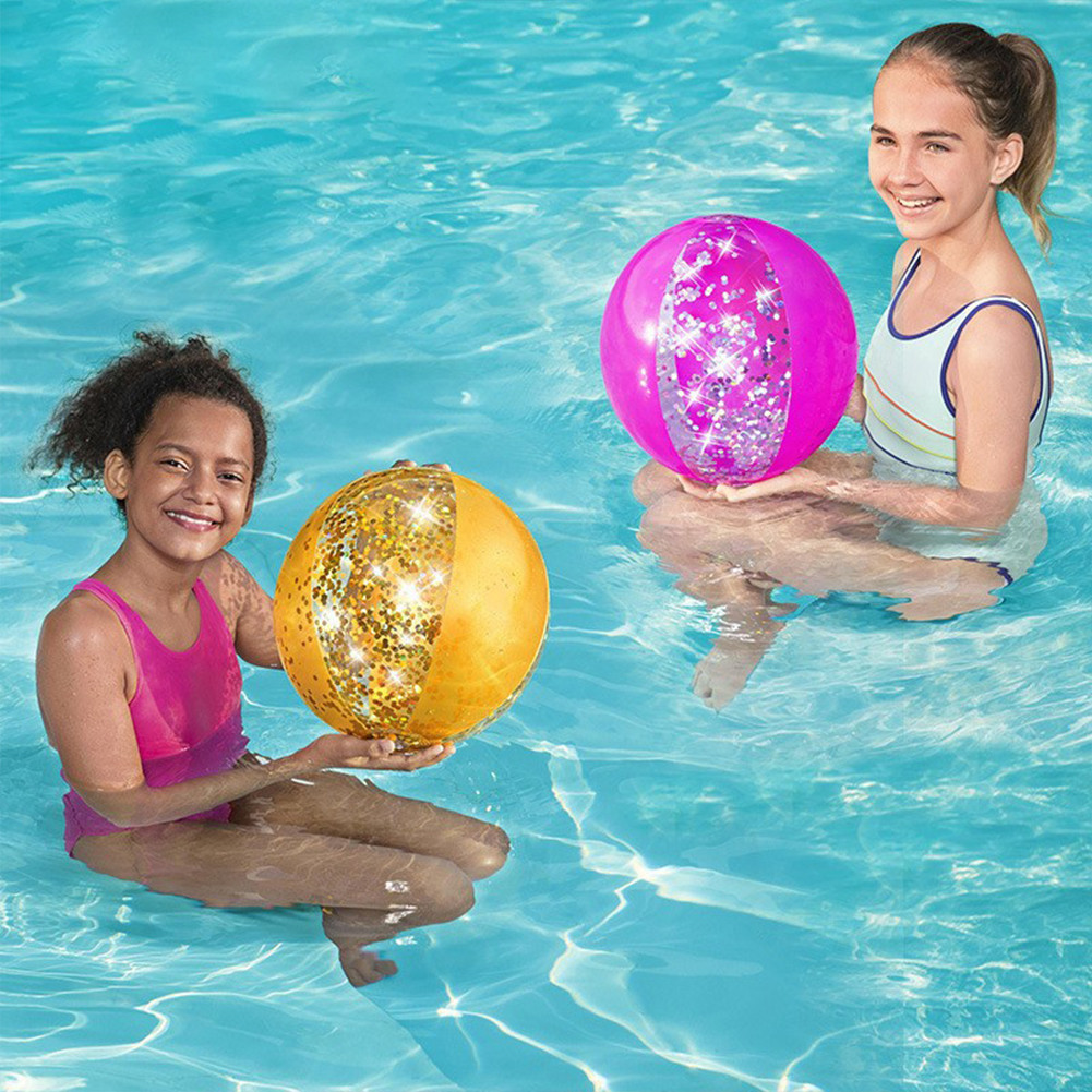 Mainan bola pantai Glitter tiup 41cm, mainan bola air payet transparan untuk pesta musim panas