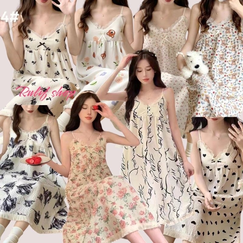 DASTER KEKINIAN PIYAMA BAJU TIDUR WANITA KATUN IMPORT RUMBAI CUP BRA BUSA RENDA DASTER DRES TALI TAN