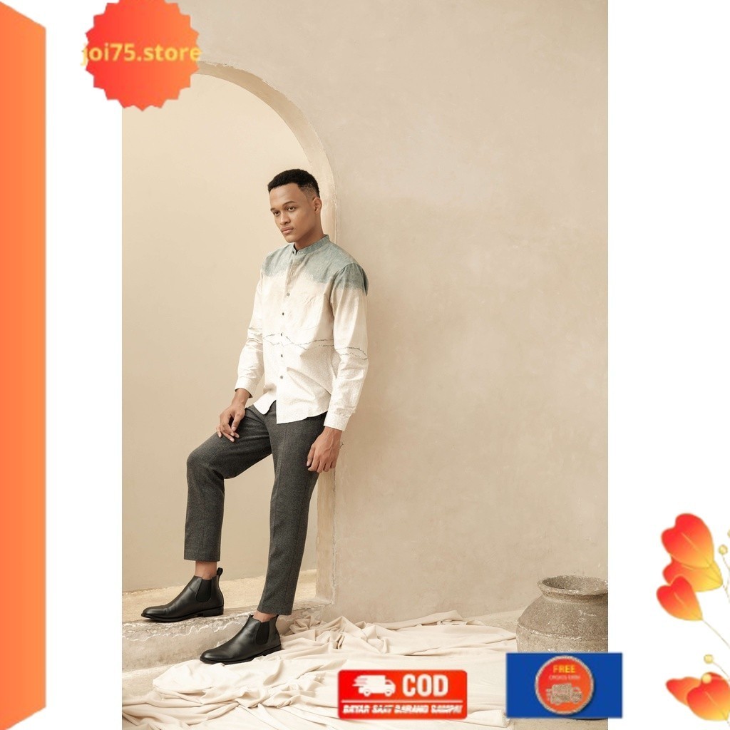 Terlaris ✨ -LARUSSO Big Size Kemeja Koko Printing Panjang Kalley - Beige L002