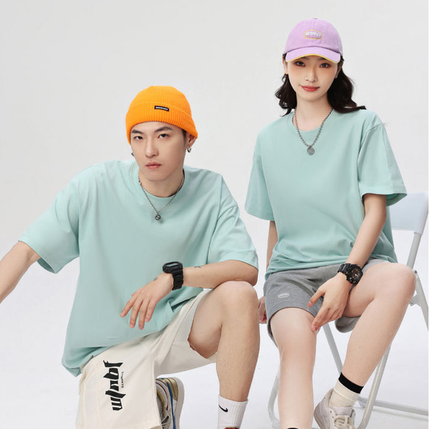 

Summer solid color 230g heavyweight cotton bottom shirt, universal white casual versatile round neck short sleeved T-shirt S~4XL