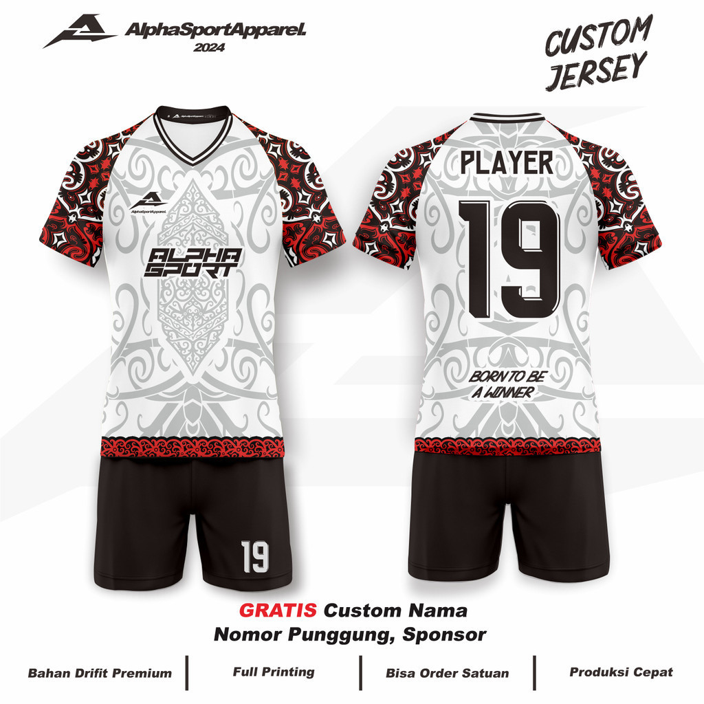 Jersey  Bola Futsal Voli Badminton 251 Motif Batik Borneo Kalimantan Merah Putih Hitam Gratis Custom