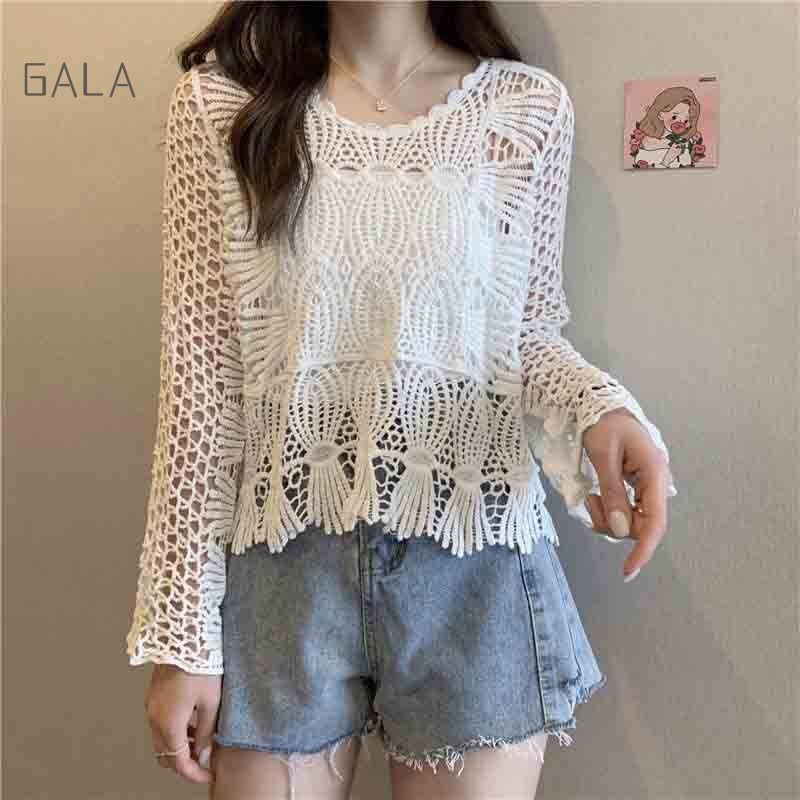 Pakaian rajut tipis berongga atasan pendek rajutan leher bulat baju lengan panjang Retro wanita GA