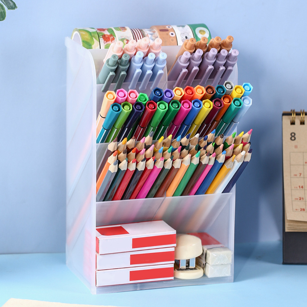 

Minimalist Oblique Pen Holder Storage Box Transparent Multifunction Large Capacity Pen Bucket Office Desk Stationery Organizer