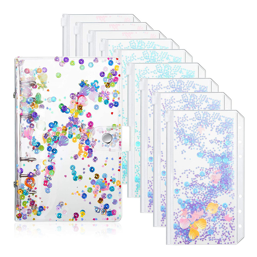

10 Pieces A6 Soft PVC Glitter Binder Budget Cash Envelopes System Planner ,Includes 9 Pcs Quicksand Loose Leaf Zipper Pockets