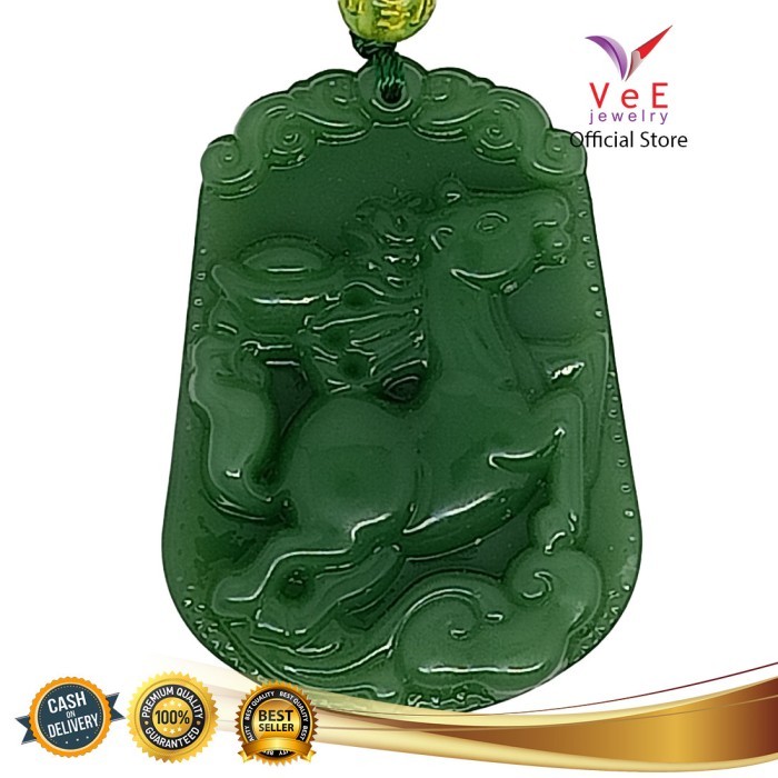 Kalung Liontin Shio Kuda Batu Giok Asli Original Cina -VeE Feng Shui - Hijau