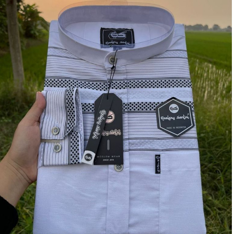 Galery Santri Baju Koko Pria Lengan Panjang Kerah Sanghai Motif Salur Katun Madinah