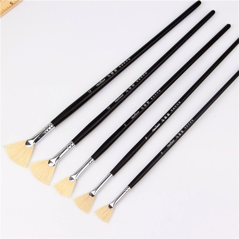 

6pcs/set,white Boar Bristle brush pen fan shape matte black suit art supplies painting pen oil painting brush Student Stationery