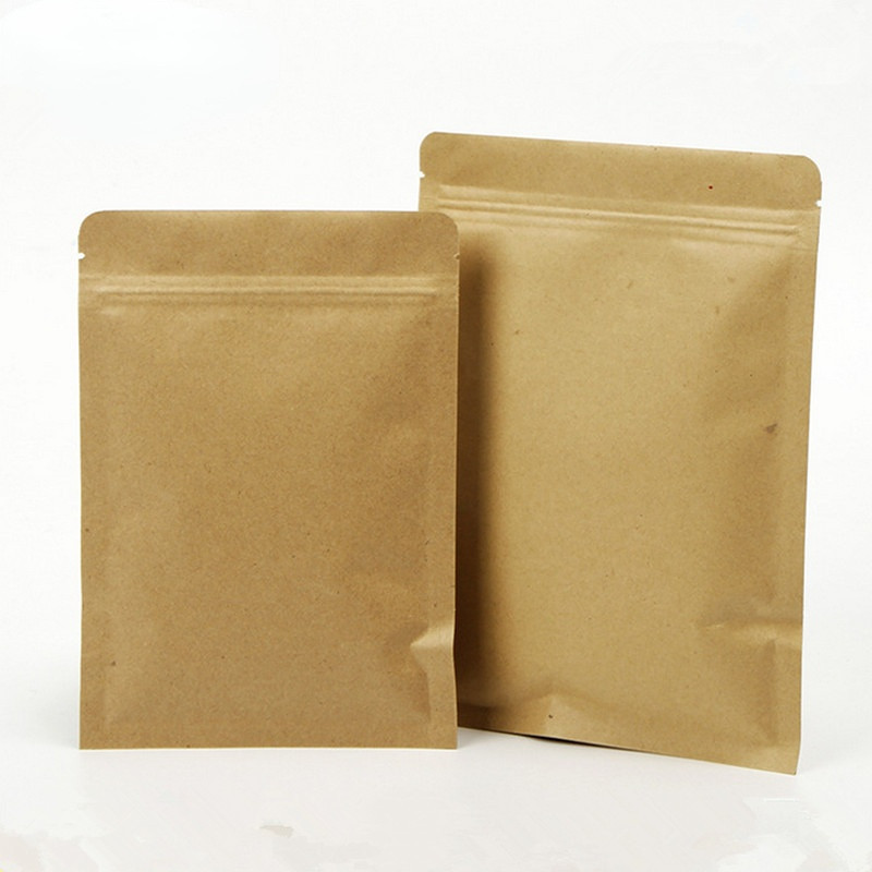 

100pcs Flat Kraft Paper Zip Lock Gift Packaging Bag Resealable Snack Candy Spice Seeds Chocolate Ground Coffee Gifts Pouches