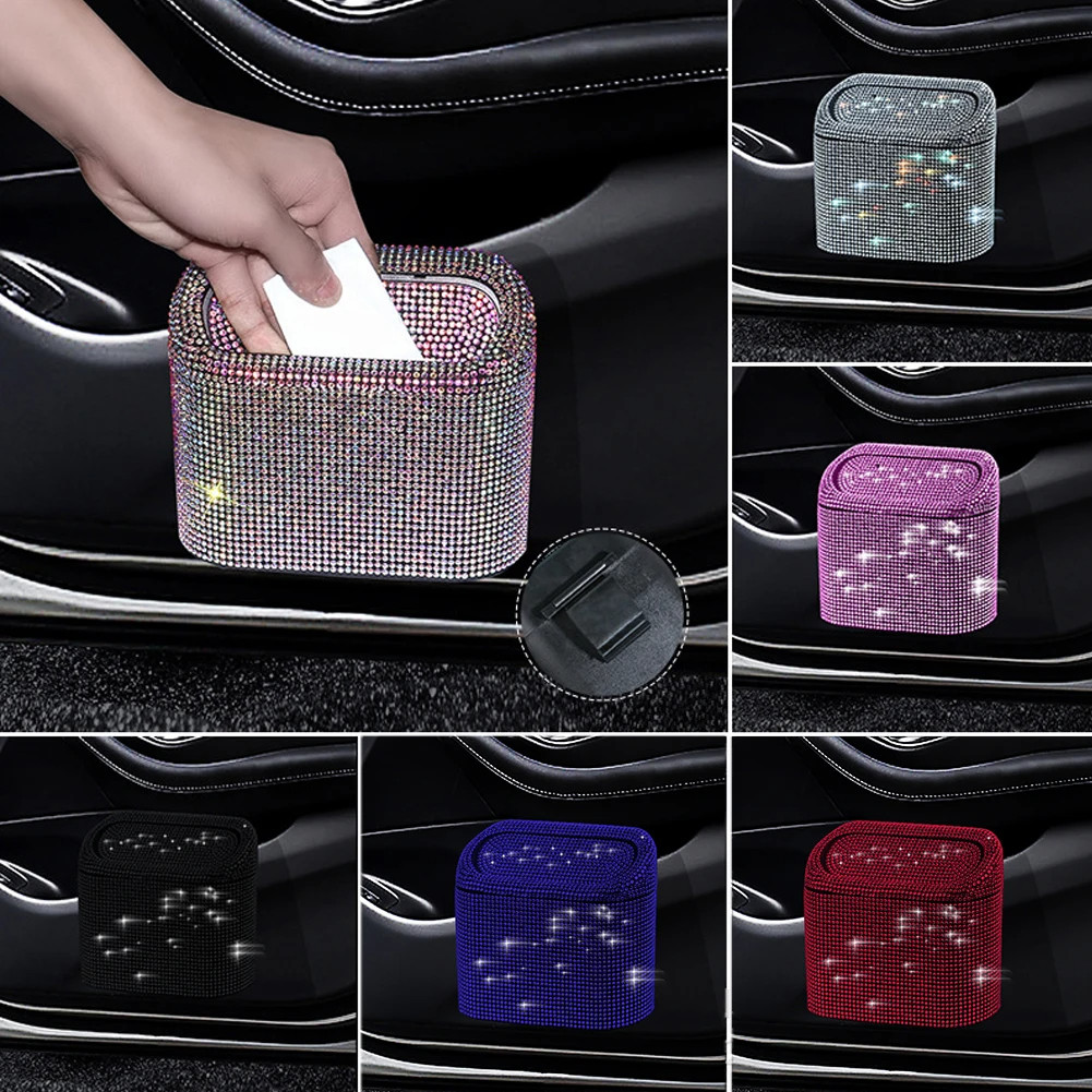 Glitter Trash Can For Car Storage Box Garbage Grabber Bling Rhinestone Door Trash Bin Auto Supplies 