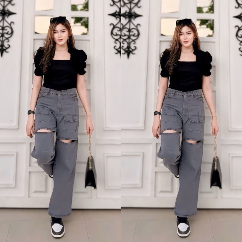 AR52G Cargo Jeans Sobek Wanita / Celana Jeans Wanita Lose