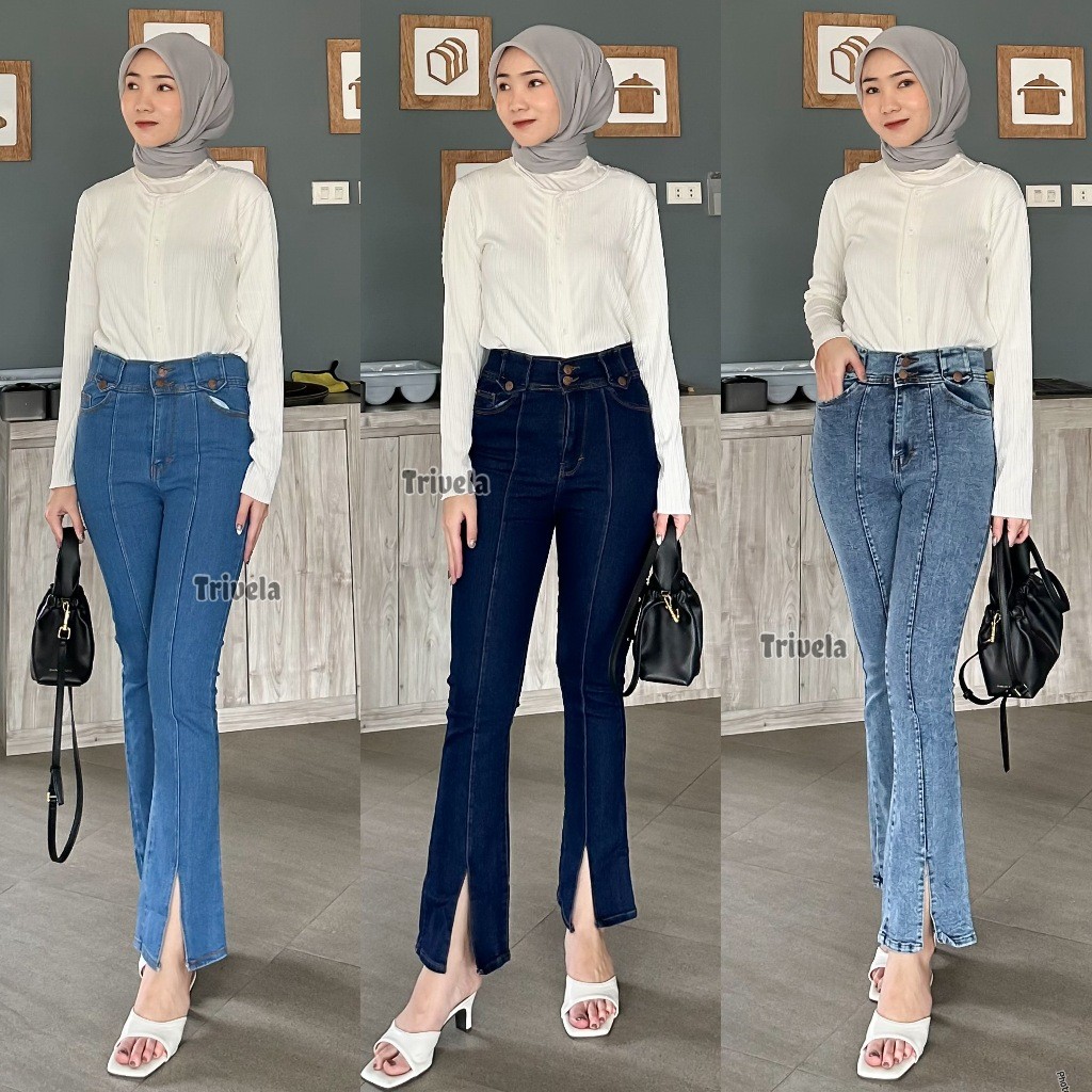 AR52G Loose Jeans Cutbray Front Line 27-38 l Celana Jeans Cutbray Loose Wanita Belah Anti Ngatung l 