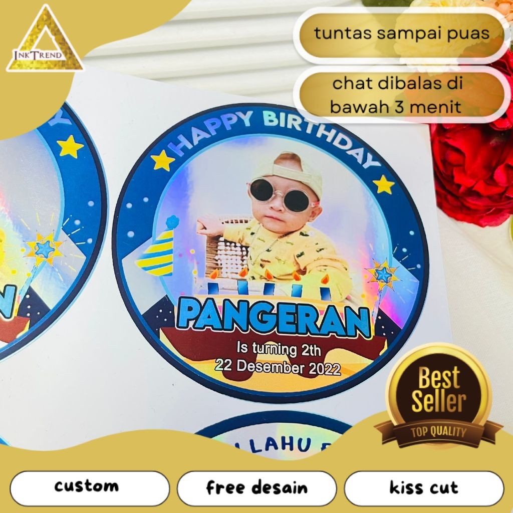 

INKA Sticker Bulat Hologram Ulang Tahun Stiker Label Undangan Happy Birthday Kecil Free Desain
