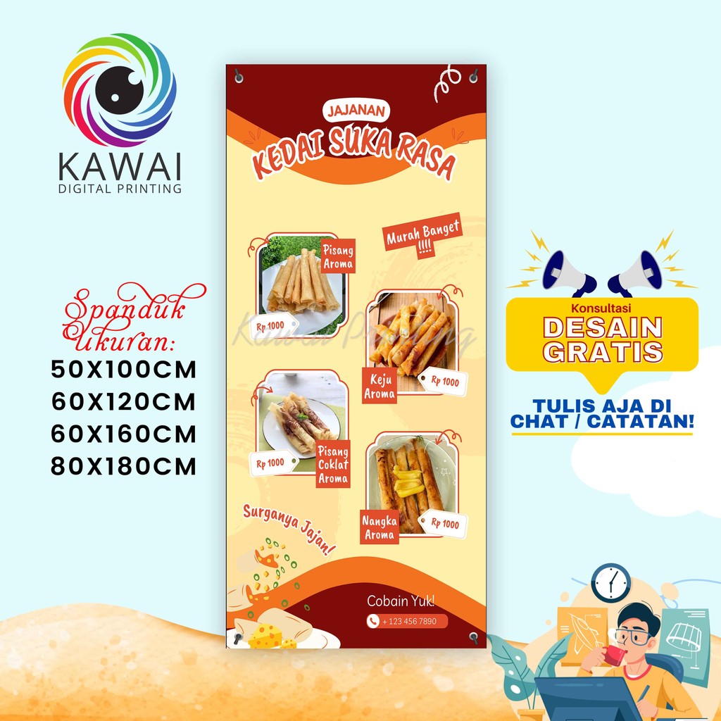SPANDUK / BANNER Jualan Kedai Jajanan Cream Kuning Design Outdoor / Indoor
