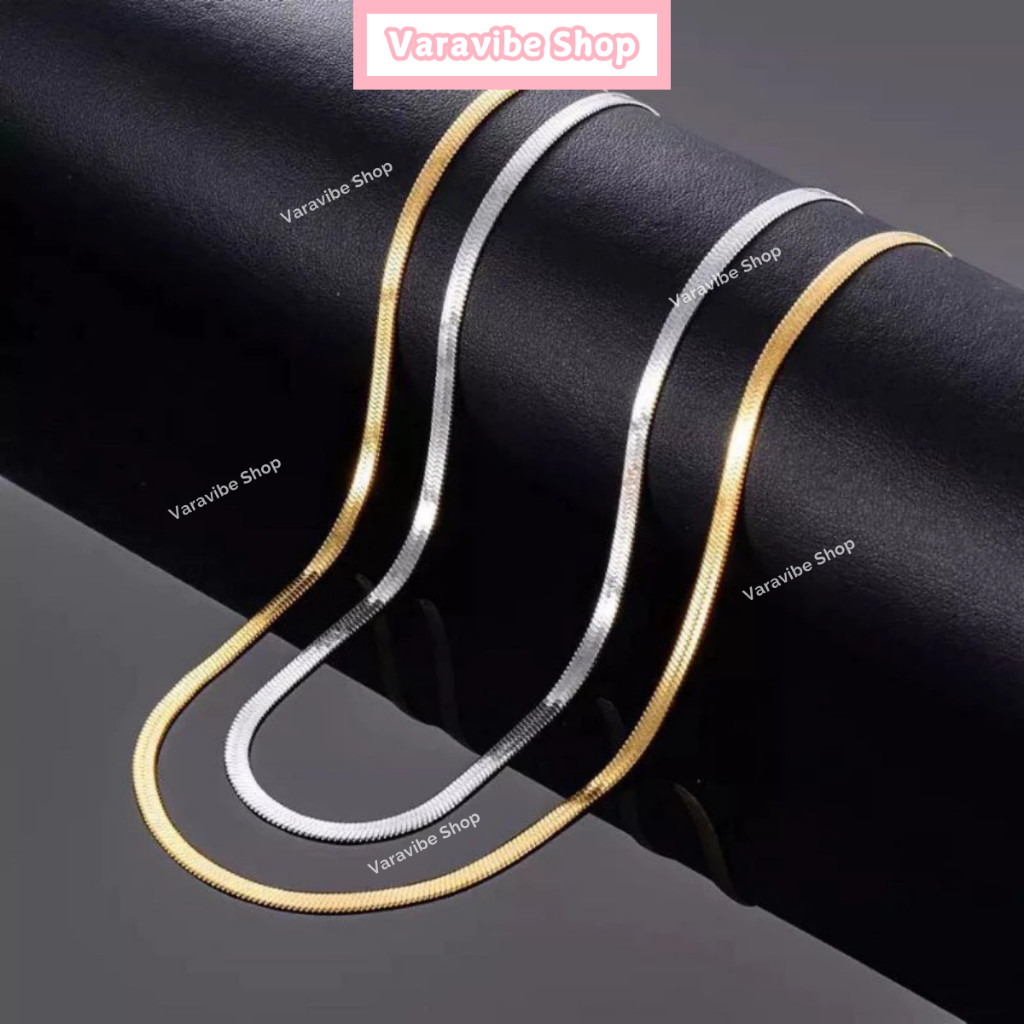 Varavibe Kalung Titanium Pria Wanita Model Plat Pipih Emas Perak Silver