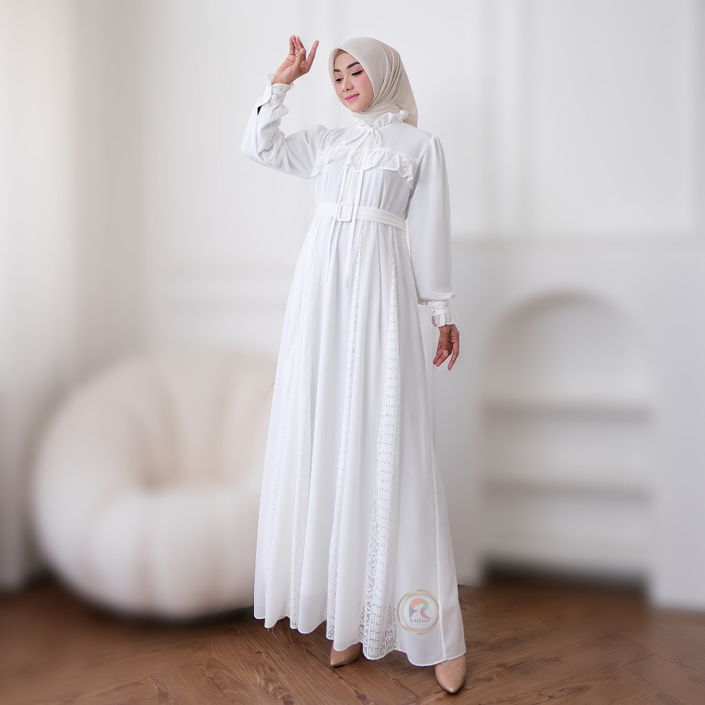 Raisma Gamis Putih Lebaran Premium Ceruti Mix brokat pecah 8/ GAMIS MODEL BARU MURAH