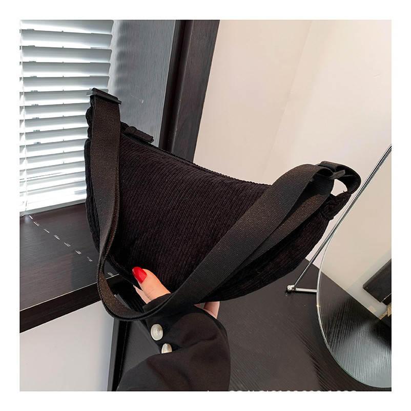 VALSHION Tas Selempang Corduroy Wanita Round Shoulder Bag Unisex Tas Selempang Sling Bag Half Moon T