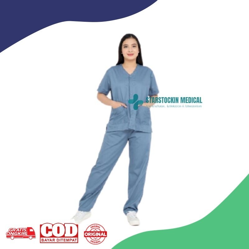 Baju jaga OK Kancing Depan Lengan Pendek Celana Karet Bahan Kain Oxford Premium