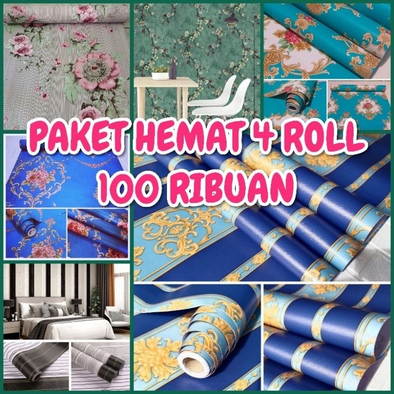 PROMO WALLPAPER STIKER DINDING PAKET HEMAT 4 ROLL Wallpaper Dinding Kamar Tidur Motif Bunga Polos Ba