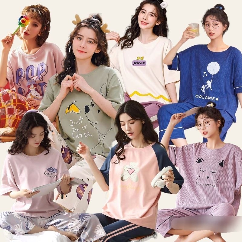 SETELAN ONE SET PIYAMA BAJU  TIDUR WANITA DEWASA 7/8 KATUN IMPORT LENGAN PENDEK OVERSIZE MOTIF KARTU