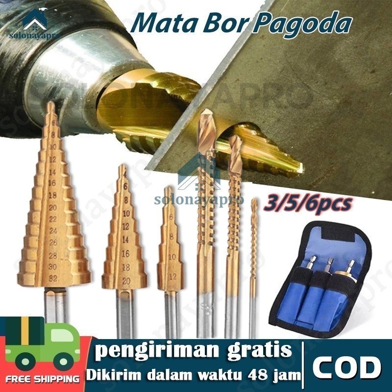 Mata bor pagoda titanium/Mata bor pagoda untuk baja/Mata Bor Set Pagoda Baja Besi Isi 3/5/6 Pcs Alat