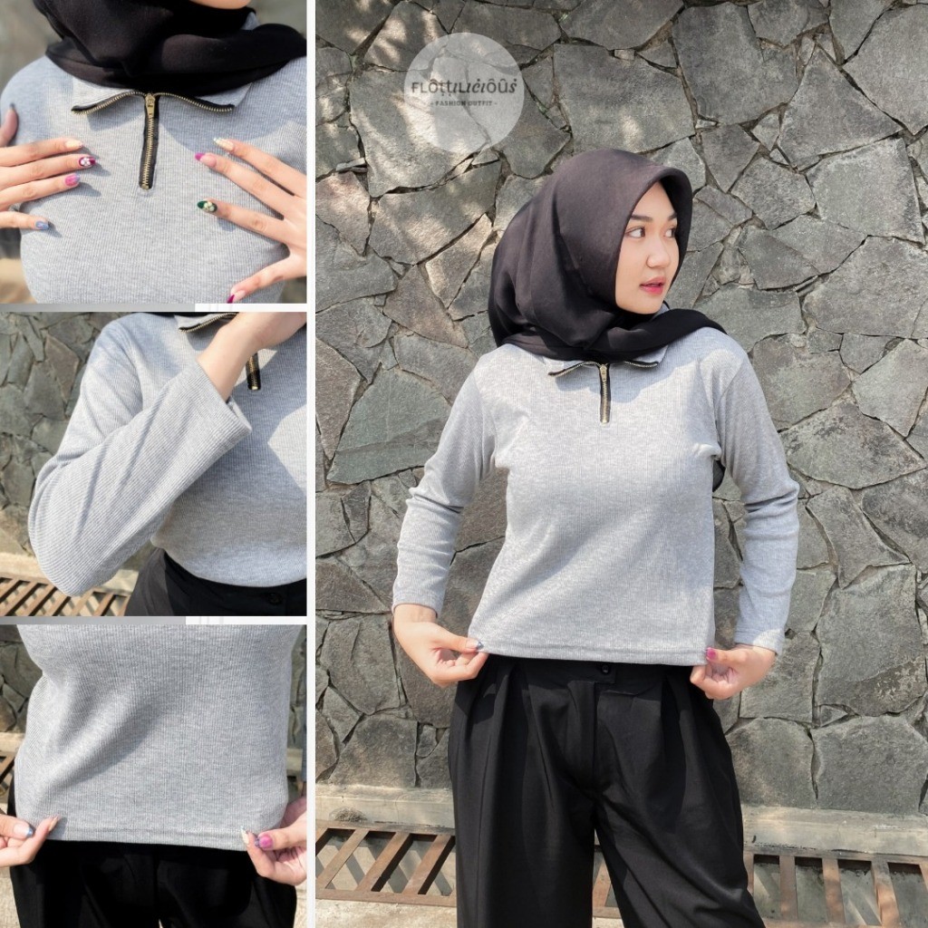Atasan Knit Crop Top Manset Dalaman Hijab OOTD - RIB KNIT ZIPPER