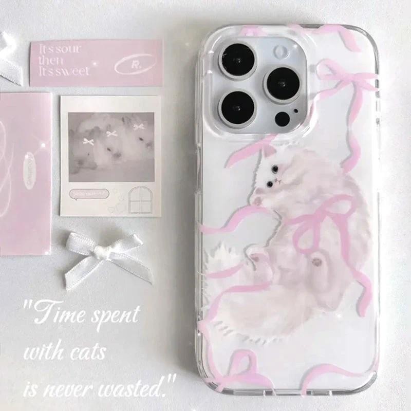 Kawaii Cat Pink Bow Phone Case for iPhone 14 11 12 13 Pro Max Korean INS Retro Geometric Phone Case 