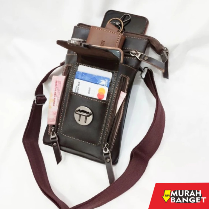 tas selempang pria kekinian Tas Selempang Pinggang Hp Kulit Sapi Asli Pria - Coklat CH