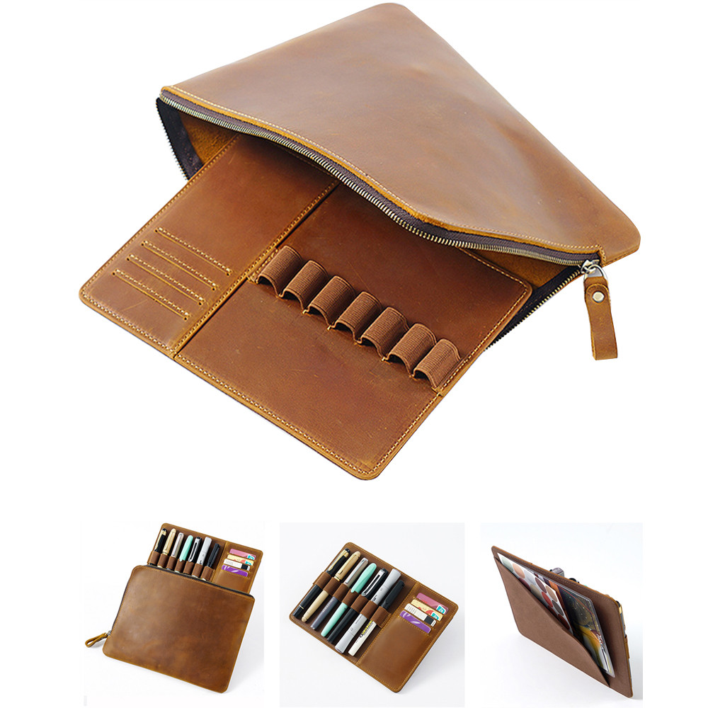 

Vintage Leather Document Bag with Multiple Pen Slots Card Holder File Folder Organizer Large Capacity Cowhide Stationery Holder