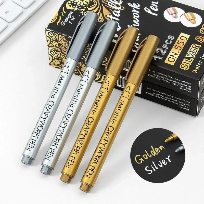 

1/2Pcs Brush Metallic Marker Pens Gold Silver Permanent Art Markers Crafts Scrapbooking Painting Stationery School Supplies