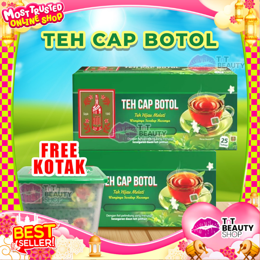 

TEH CAP BOTOL Teh Hijau Aroma Melati Isi 25 Tea Bags - Paket Bundling 2 pcs Teh Hijau celup Free Kotak Container | TnT Beauty Shop