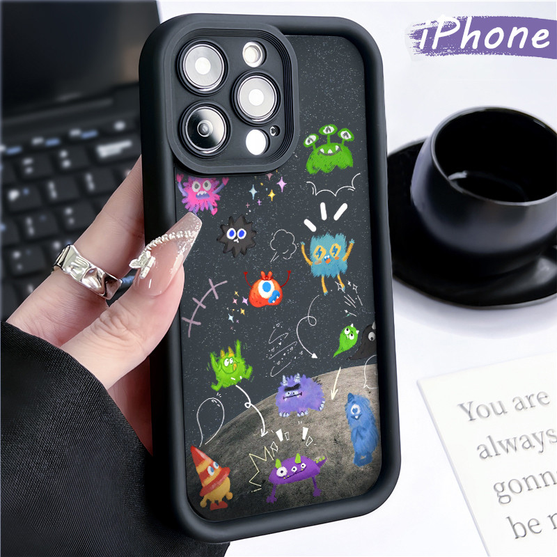 Lucu Monster Silicone SoftCase iPhone 13 15 11 12 14 Pro Max XR X Xs Soft Polos Hitam TPU Tebal Casi