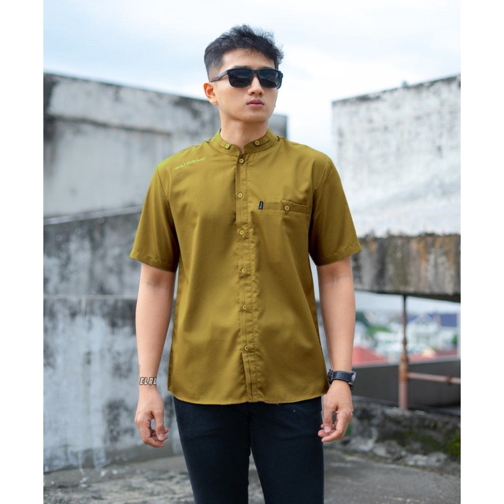Kemeja cowok Koko modernBaju Koko Pria Lengan Pendek Warna Mustard Motif Antasenamurah