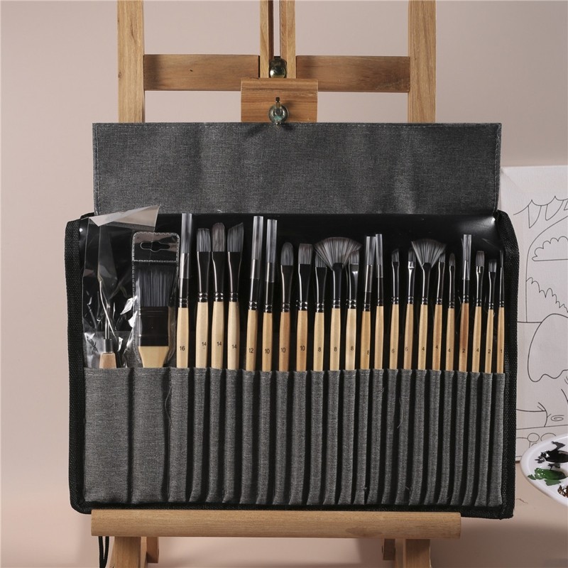 

24pc Acrylic Paint Brush Scraper with Bag Nylon Hair for Multi Purpose Oil Watercolor Painting Artist Professional Kits